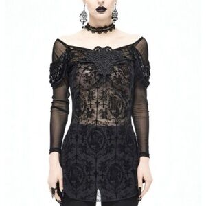 Devil Fashion Sheer Gothic Mesh Top XS S | Vampire Goth Beaded Bodice